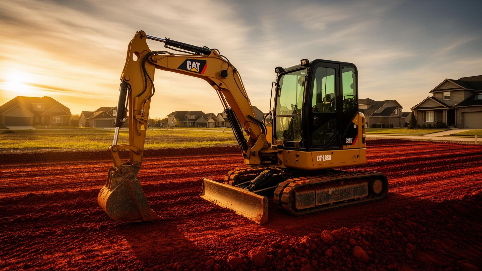 Excavator on a freshly graded Durham NC lot at golden hour