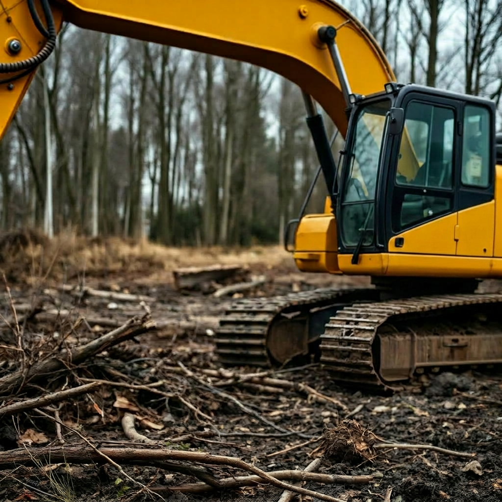 Excavator clearing brush and trees from a residential lot
