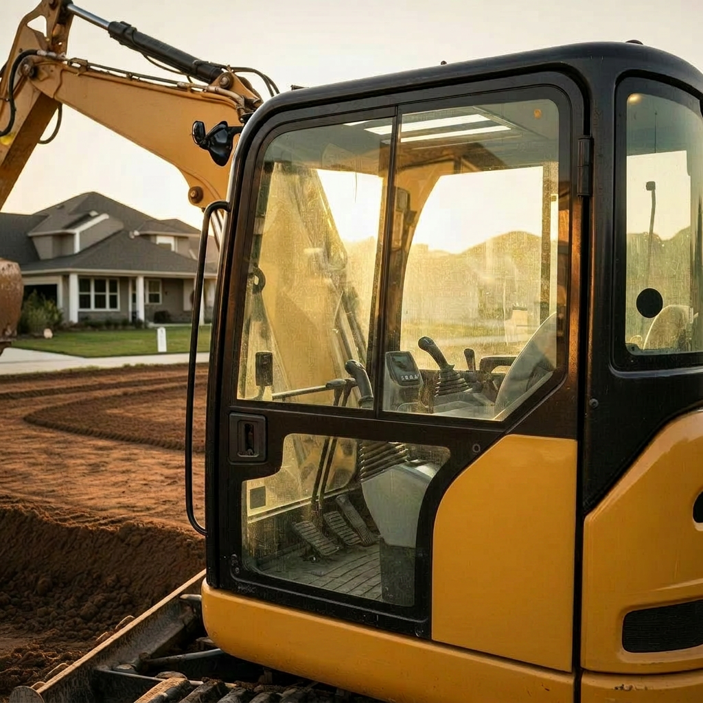 Operator visible through excavator cab window at golden hour