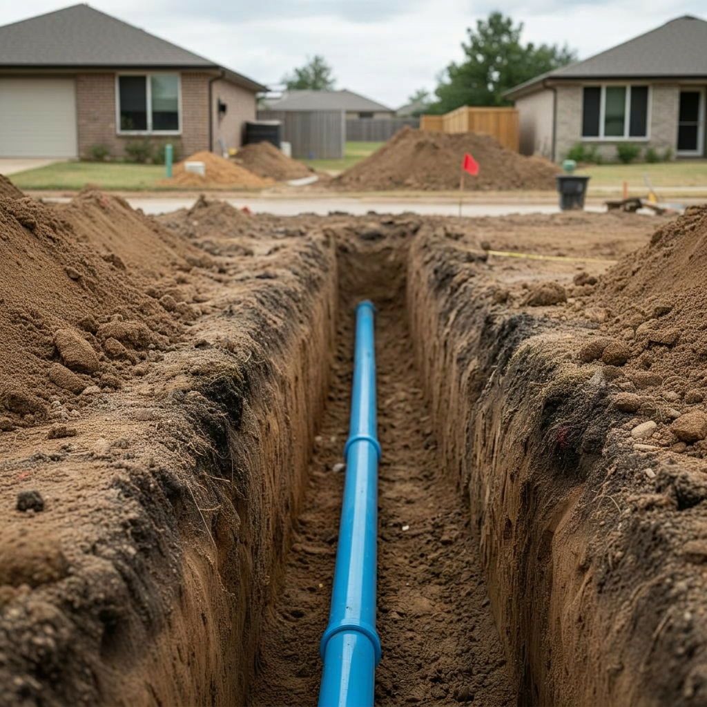 Worker in high-vis vest standing inside a trench pointing at a drainage pipe